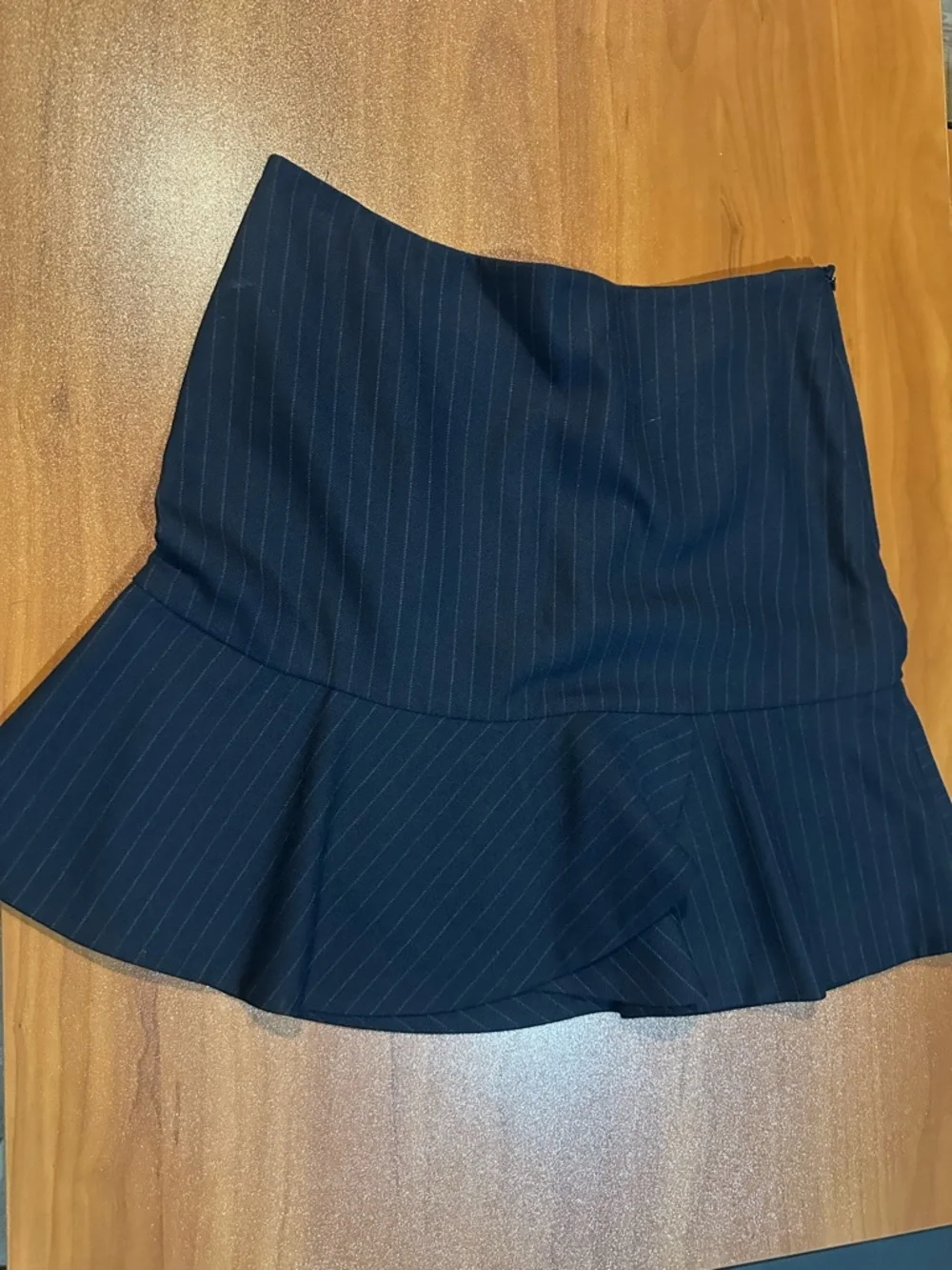 ZARA Navy Blue Pinstripe Ruffle Hem Mini Skirt - Size Small